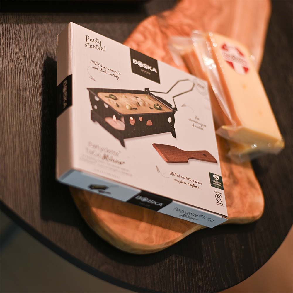 Raclette cadeau: Boska Partyclette ToGo raclette set in doos met Mont Vélan raclettekaas | Kaas & Borrelz