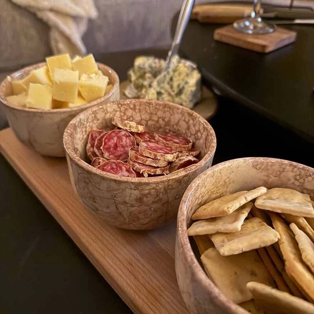 Borrelplank met drie borrelschaaltjes – Bowls & Dishes Espuma borrelplank verpakking | Kaas & Borrelz