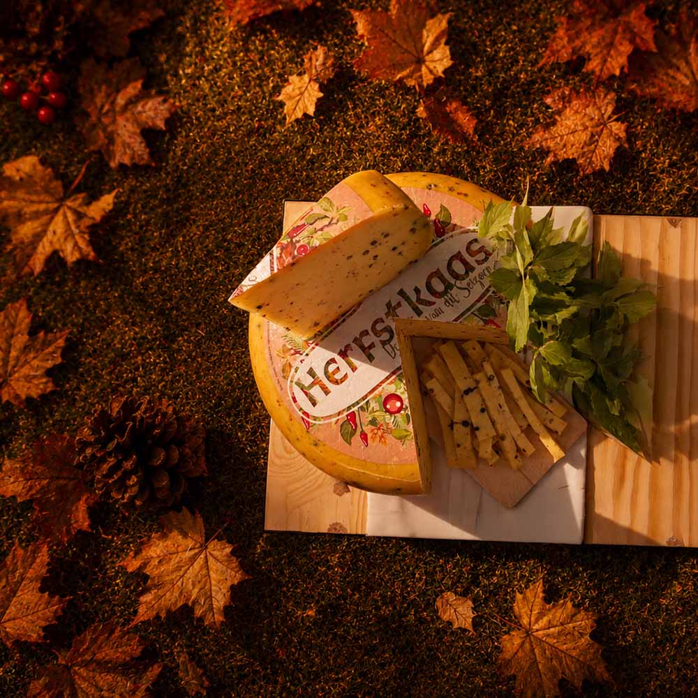 Herfstkaas – herfstkaas op een plank tussen herfstbladeren | Kaas & Borrelz