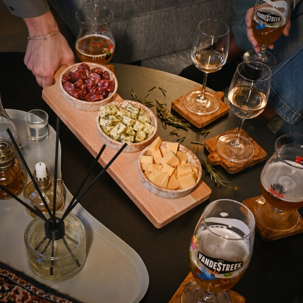 Borrelplank Hollands Trio op tafel met wijn, speciaalbier en kaarsjes | Kaas & Borrelz