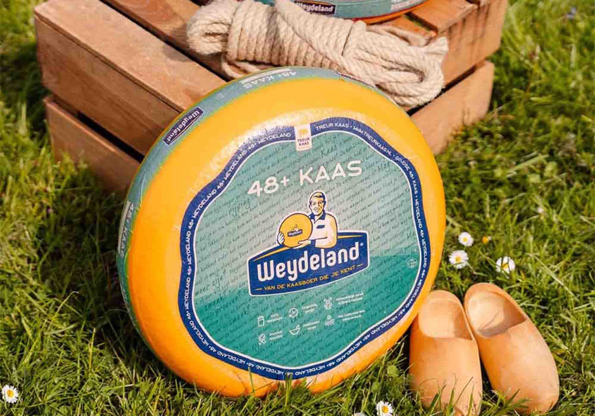 Weydeland 48+ kaas in het gras met klompjes en een houten kist | Kaas & Borrelz