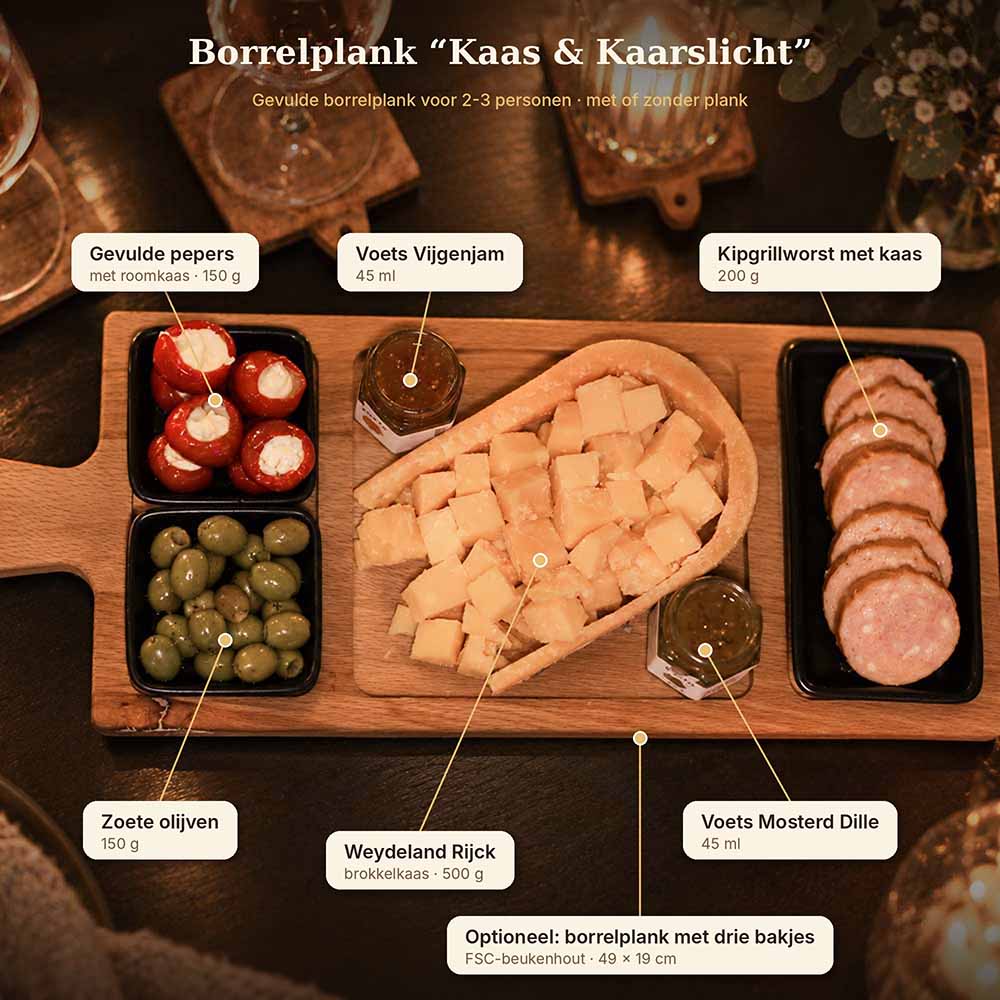 Borrelplank "Kaas & Kaarslicht" – inhoud van de borrelplank met productnamen | Kaas & Borrelz