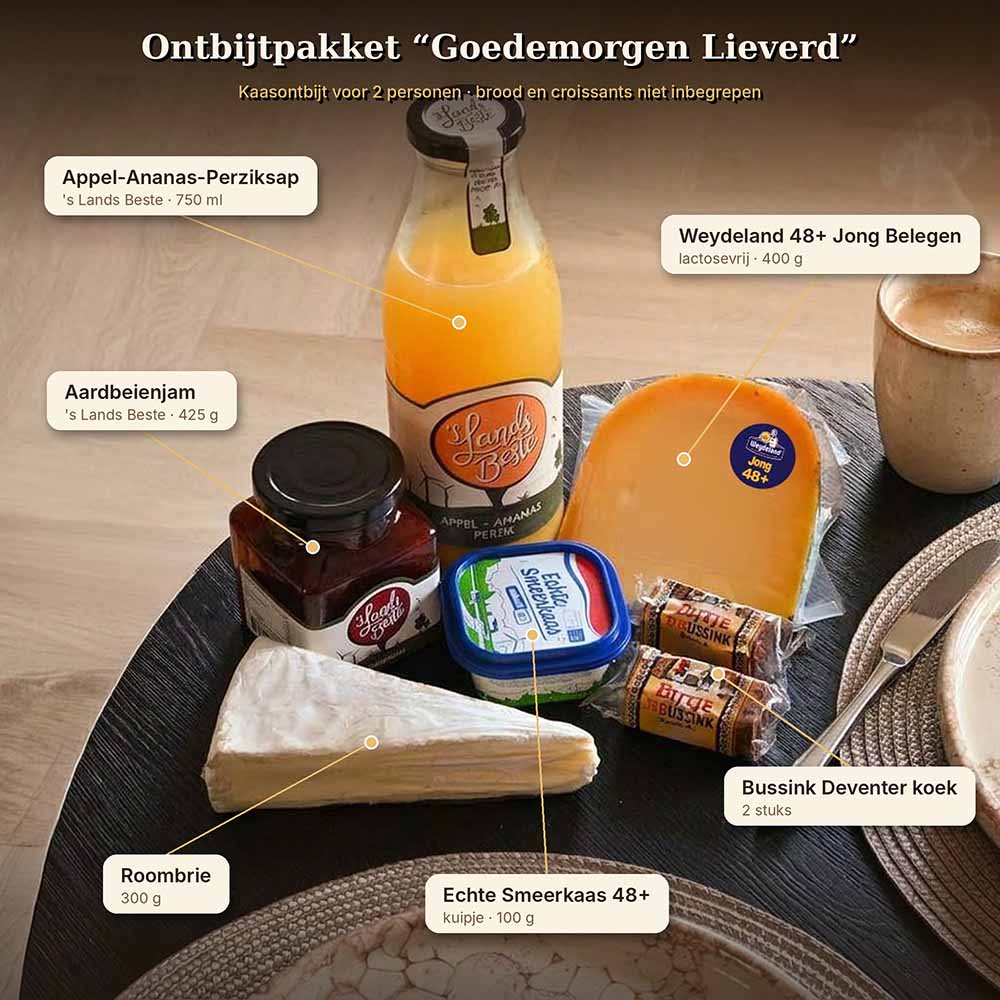 Ontbijtpakket "Goedemorgen Lieverd" – inhoud van het ontbijtpakket met productnamen | Kaas & Borrelz